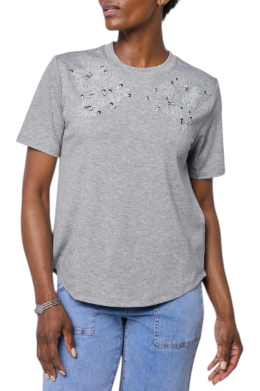 DG2 by Diane Gilman Women's Embellished Crew Neck Tee Heather Gray - Regular